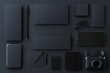 Poster - Set of dark black 3D illustration mockup templates for branding