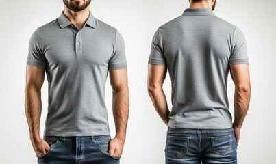 People concept - close-up of man in blank gray t-shirt, front and back isolated. Clean empty mockup template.