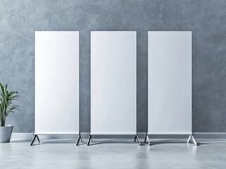 Aufkleber - A mockup of three blank roll up banner displays. A 3D rendering is included.