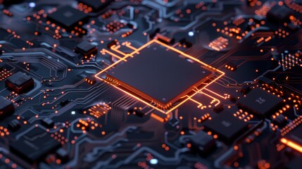 Poster - Close-up of a Circuit Board with Glowing Processor