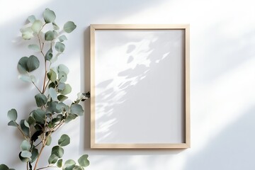 Poster - Poster mockup. Wooden frame mockup on white wall. Landscape large 50x70, 20x28, a3,a4, Showing a product or text inside the frame, Indoor interior.