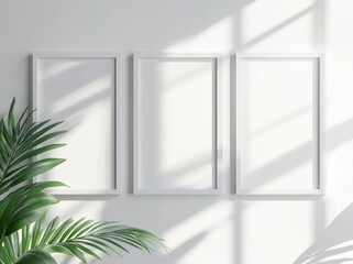 Poster - Mockup 3D rendering of rectangular white frames hanging on a white wall