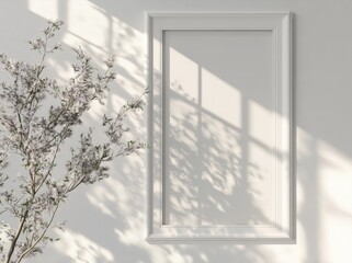 Poster - A white rectangular vertical frame is hung on a white wall in a 3D rendering