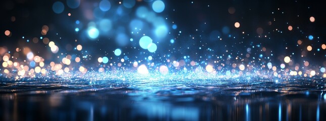 Poster - black, blue, and glittery abstract light background with fireworks. defocused.