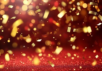 Aufkleber - Background with falling gold particles. Red confetti, magic light, golden glitter, glamour. Valentine's Day background. Seamless loop.