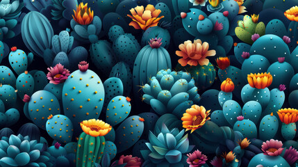Aufkleber - A colorful painting of various cacti and flowers. The painting is full of vibrant colors and has a lively, cheerful mood