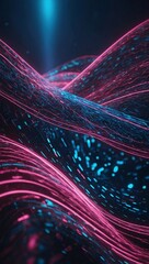 Sticker - Neon wave lines in pink and blue with bokeh effects, futuristic abstract wallpaper