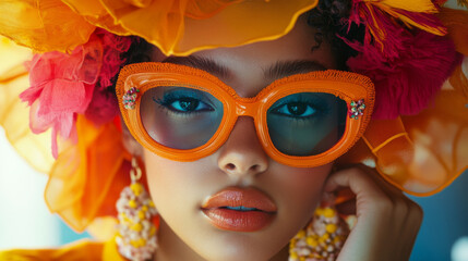 A woman wearing orange glasses and a flowery headband poses for a photo