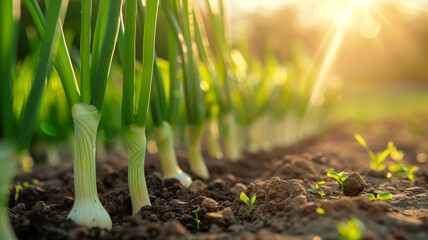 Blurred background with row of green onions in sunlight