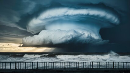 Wall Mural - A large cloud over the ocean with a pier in front of it, AI