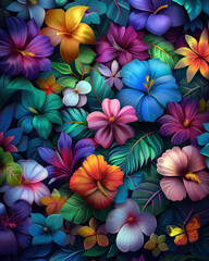 Aufkleber - A colorful flower garden with many different colored flowers. The flowers are in various shades of blue, purple, pink, and yellow. The image has a vibrant and lively mood