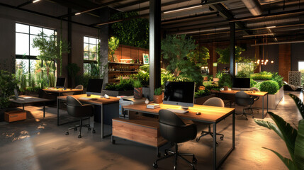 A modern office space with a lot of greenery and plants. The desks are made of wood and the chairs are black. The room is well lit and has a calming atmosphere