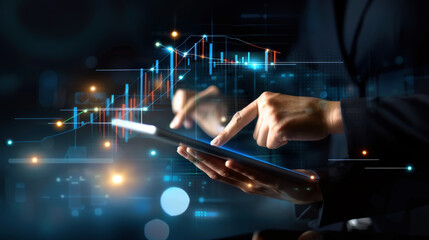 Aufkleber - A person is using a tablet to point at a graph. Concept of focus and concentration as the person interacts with the data on the screen. The use of a tablet instead of a traditional pen