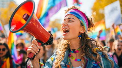 Wall Mural - A beautiful young woman activist with a rainbow bandana and megaphone speaking passionately at the LGBT parade surronded by supporters waving rainbow flags. the LGBTQ+ community, identity, diversity