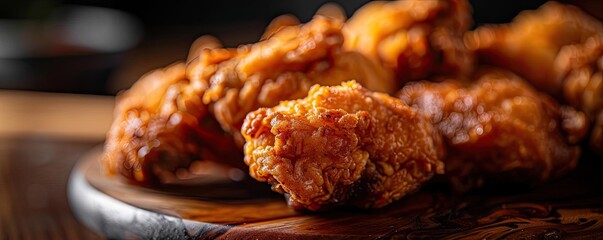 Wall Mural - Deliciously crispy fried chicken wings served on a wooden platter, perfect for savory meals or gatherings.