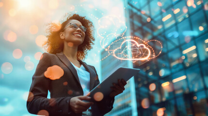 Poster - Beautiful smiling business woman in a suit holding a tablet with a digital cloud in the air on business center background. Digital cloud service, app, network, security, database, interface, support