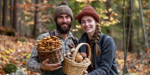 Happy couple enjoying a mushroom foraging trip, posing with their baskets full of edible cep mushrooms against a scenic forest backdrop.