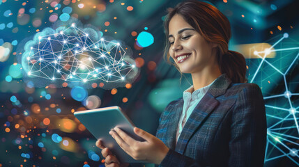 Poster - Beautiful smiling business woman in a suit holding a tablet with a digital cloud in the air. Digital cloud service, app, network, security, database, interface, support, internet, wi-fi