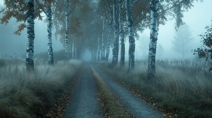 Canvas Print - a road with trees in the background and a foggy atmosphere