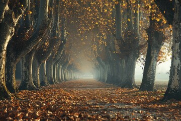 Wall Mural - A path through a forest with trees on either side. The trees are bare and the leaves are falling