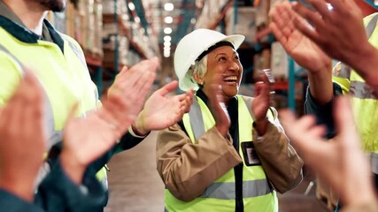 Poster - people, happiness and celebration in warehouse for success, support and solidarity with applause. hu