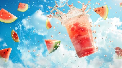 Wall Mural - A red beverage in a transparent plastic cup, floating in the cloud, surrounded by watermelon slices.