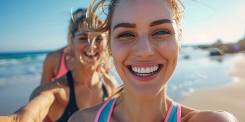 Two friends capture moment on sunny beach