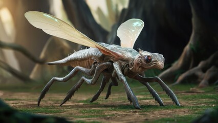 A large insect with big eyes and long legs walking in the woods, AI