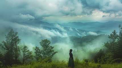 Wall Mural - a woman stands in a field of grass, looking out over a mountain range. the sky is cloudy, and the at