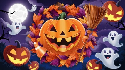 Sticker - A halloween wreath with a pumpkin and broom in the center, AI