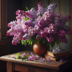 Wall Mural - Purple lilac daisy bouquet in the corner of an antique oak table