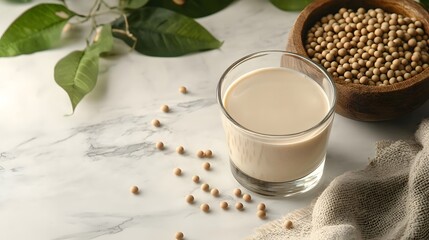 Glass of soy milk, white marble countertop, scattered soybeans, wooden bowl of soybeans, green soy leaves, burlap fabric, soft natural lighting, shallow depth of field, food photography.