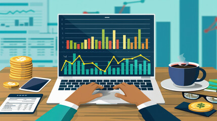 Aufkleber - Person using a laptop with financial analysis software, financial investment, flat illustration design.