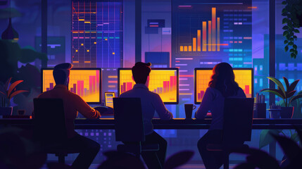 Poster - Team discussing investment strategies in a modern office, financial investment, flat illustration design.