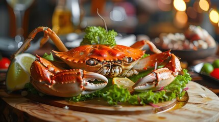 A close-up image of a cooked crab on a wooden plate with lemon and greens. Generative AI