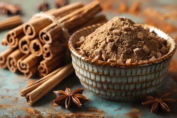 Wall Mural - Ground Cinnamon and Cinnamon Sticks with Star Anise for Baking and Spices