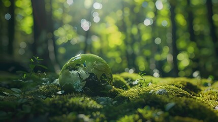 Canvas Print - A glass earth globe sits on a bed of vibrant green moss in a sun-drenched forest setting. Generative AI