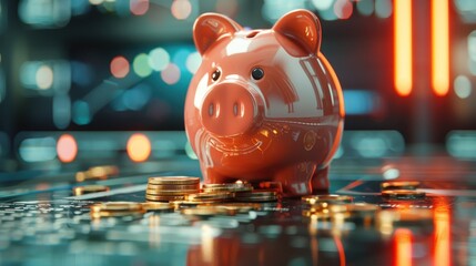 Wall Mural - Shiny Piggy Bank with Coins on Digital Financial Background Representing Savings and Investment