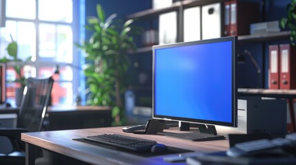 modern office. the computer shows an error. dead blue screen for problem. operating system and internet