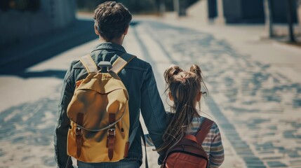 Wall Mural - A man and a girl are walking down a street, with the girl wearing a backpack