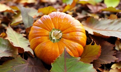 Wall Mural - A close up of a pumpkin with a stem sticking out of it. The pumpkin is orange and has a leafy stem