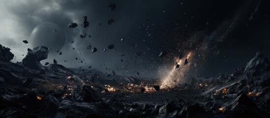 Poster - A Rocky, Dark Landscape with a Large Moon and Falling Debris