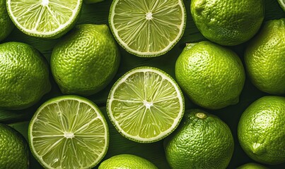 Wall Mural - Green limes and lime halves on a green background.