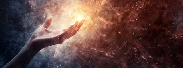 Wall Mural - Woman hand merging or generating with rays of light and energy. Concept of love, healing, reiki, spirituality and sharing. Light touch, intuitive connection.ated image