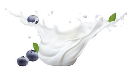 Blueberry dropped in Milk or yogurt splash on transparent background , cut out.	