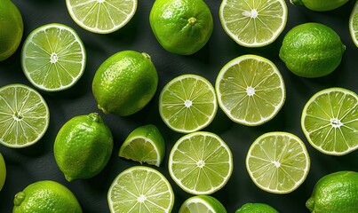 Wall Mural - Green limes and lime halves on a green background.