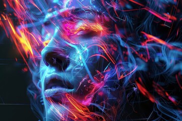 Poster - Abstract digital art of a hacker student, dynamic light effects, bold neon colors, techinspired textures, fragmented visuals, intense expression, cybernetic style