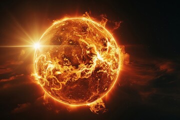 3D rendering of the sun with a black background, glowing and radiating fiery orange light, symbolizing power, energy, and cosmic beauty.