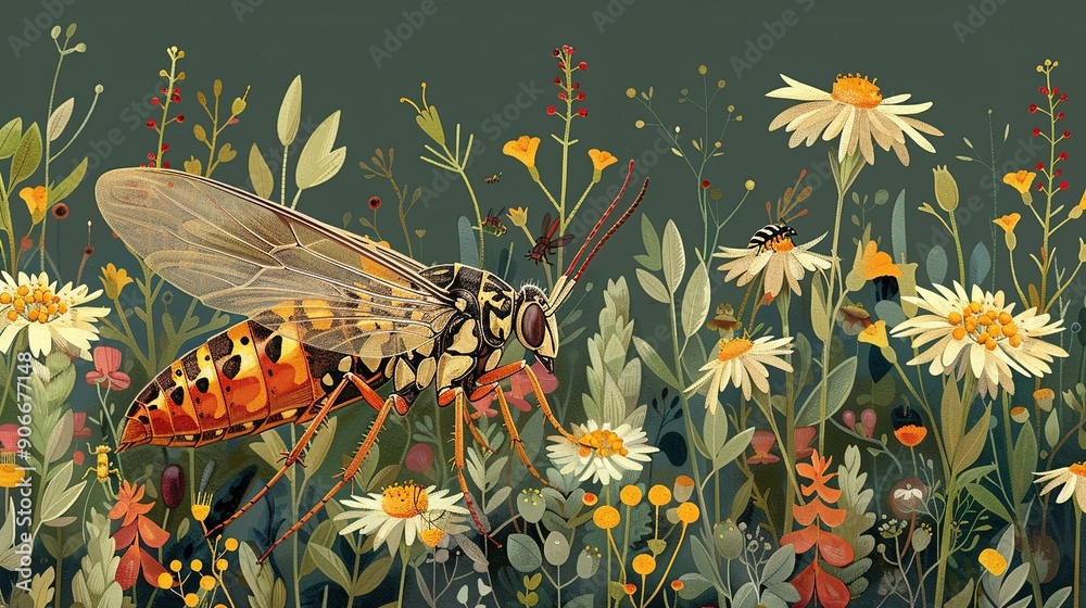 Bug view of insects interacting with various plants, emphasizing the ...
