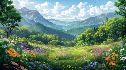 Wall Mural - Landscape view of a forest with diverse flora and fauna, demonstrating the positive impact of sustainable forestry on biodiversity and environmental health. high resolution Illustration, in the style